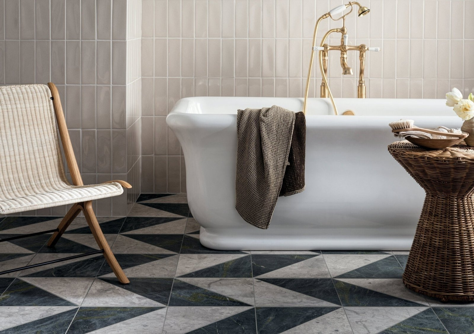 Finished bathroom floor tile with clear alignment and grout lines