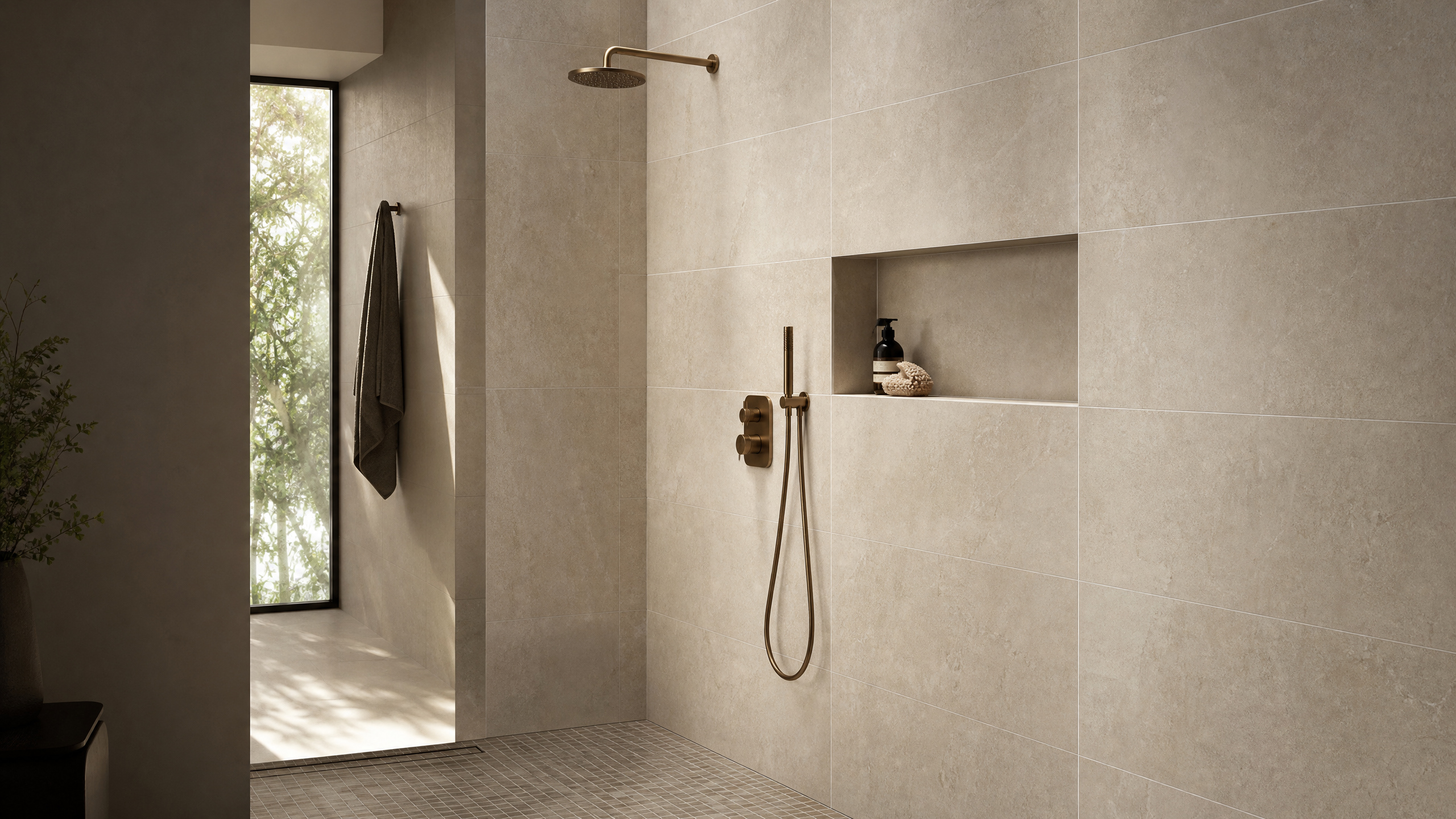 Large-format porcelain tile shower with clean grout lines and mosaic tile floor