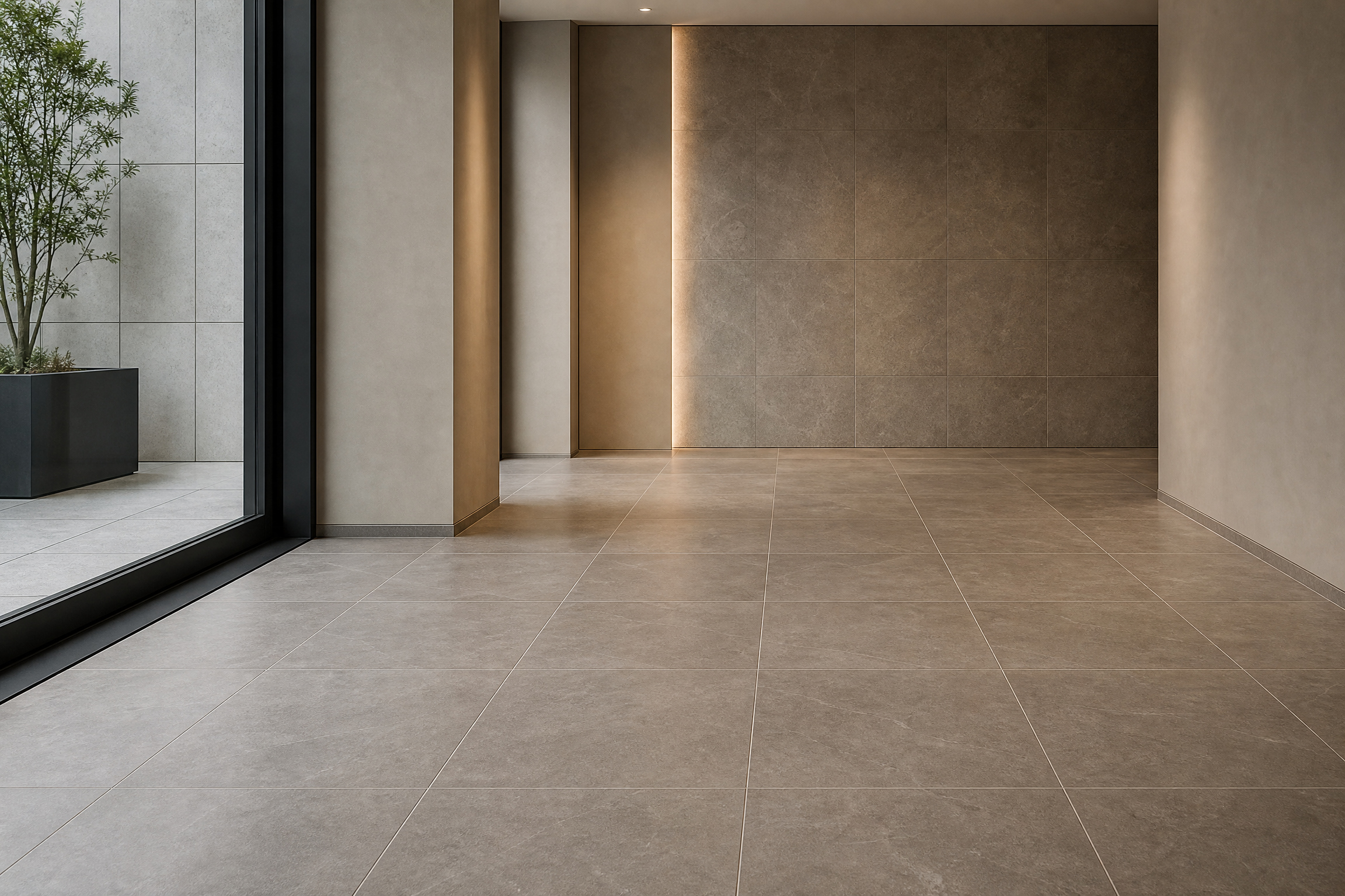 Large-format porcelain floor tile with precise grout joints